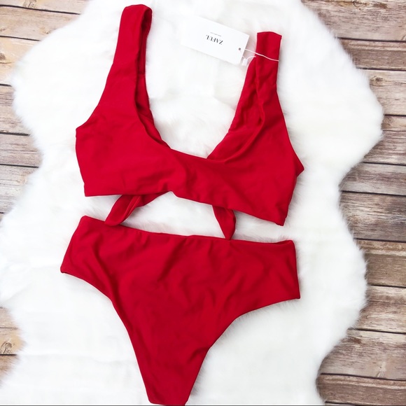 Zaful Bright Red Tie Front Padded Bikini Set - Picture 4 of 6